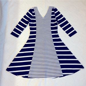 Masseys 3/4 sleeve striped fit and flare dress-Navy
